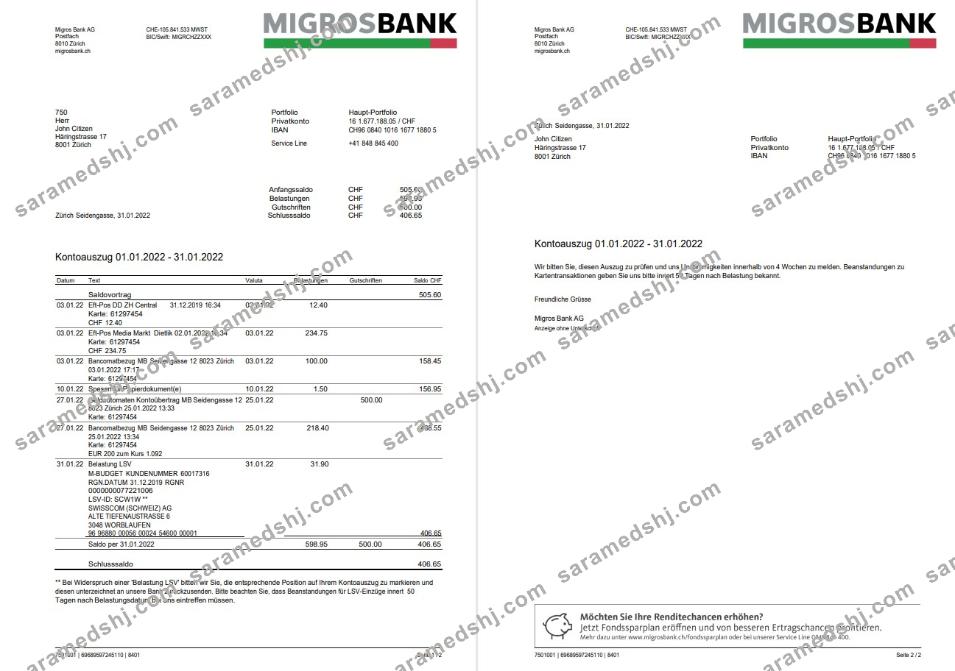 Switzerland Migrosbank statement 2 pages